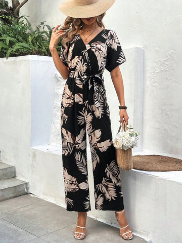 Women's Plant Printed Batwing Sleeve Jumpsuit