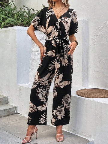 Women's Plant Printed Batwing Sleeve Jumpsuit