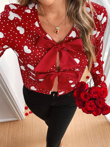 Frenchy Women's Polka Dot Heart Print Bow Decor Long Sleeve Blouse