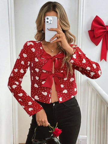 Frenchy Women's Polka Dot Heart Print Bow Decor Long Sleeve Blouse