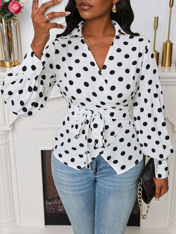 Frenchy Women's Polka Dot Printed Crossed Tie V-Neck Long Sleeve Shirt, Spring & Autumn
