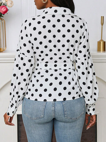 Frenchy Women's Polka Dot Printed Crossed Tie V-Neck Long Sleeve Shirt, Spring & Autumn
