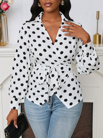 Frenchy Women's Polka Dot Printed Crossed Tie V-Neck Long Sleeve Shirt, Spring & Autumn