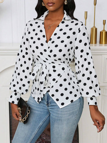Frenchy Women's Polka Dot Printed Crossed Tie V-Neck Long Sleeve Shirt, Spring & Autumn