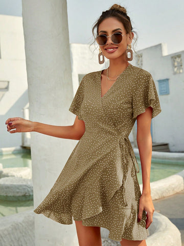 Women's Polka Dot Ruffle Short Sleeve Tie Waist Dress