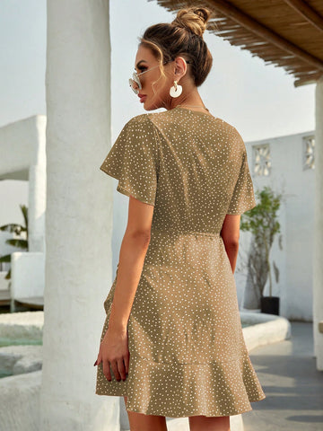 Women's Polka Dot Ruffle Short Sleeve Tie Waist Dress