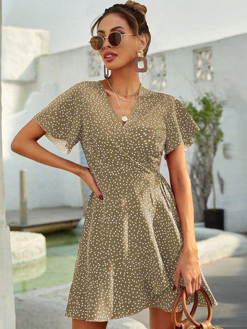 Women's Polka Dot Ruffle Short Sleeve Tie Waist Dress