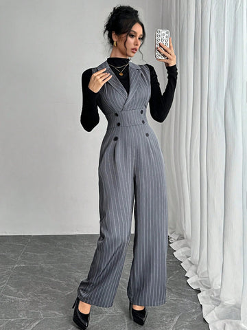 Women's Premium High Waist Striped Jumpsuit With Lapel Collar, Zipper, Waist Slimming, Wide Legs And Pockets