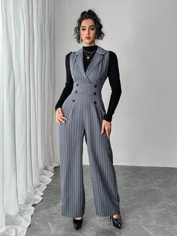 Women's Premium High Waist Striped Jumpsuit With Lapel Collar, Zipper, Waist Slimming, Wide Legs And Pockets