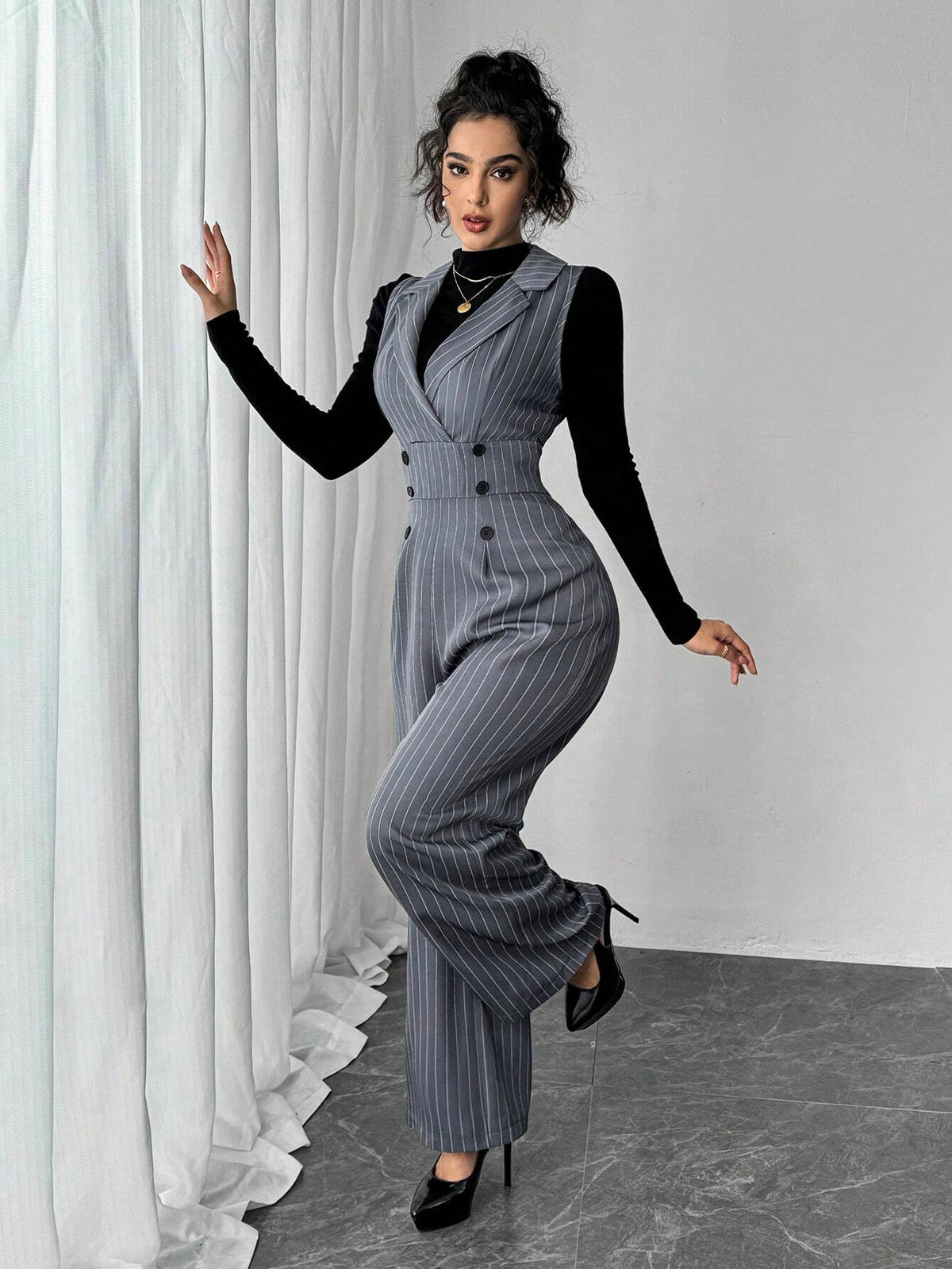 Women's Premium High Waist Striped Jumpsuit With Lapel Collar, Zipper, Waist Slimming, Wide Legs And Pockets