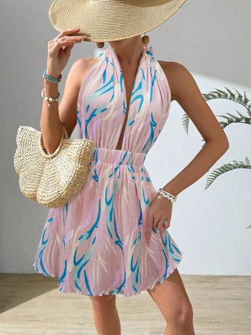Women's Printed Pleated Halter Neck Backless Vacation Dress