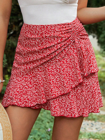 Frenchy Women's Printed Ruffle Hem Midi Skirt