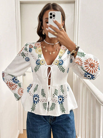 Frenchy Women's Printed Tie-Knot Blouse Shirt,Floral Print Basic V-Neck Tie-Waist Bow Tie White Blouse