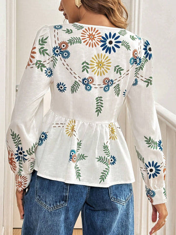 Frenchy Women's Printed Tie-Knot Blouse Shirt,Floral Print Basic V-Neck Tie-Waist Bow Tie White Blouse