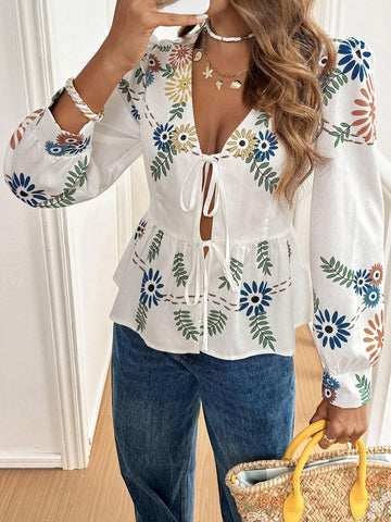 Frenchy Women's Printed Tie-Knot Blouse Shirt,Floral Print Basic V-Neck Tie-Waist Bow Tie White Blouse