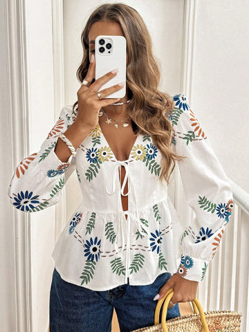 Frenchy Women's Printed Tie-Knot Blouse Shirt,Floral Print Basic V-Neck Tie-Waist Bow Tie White Blouse