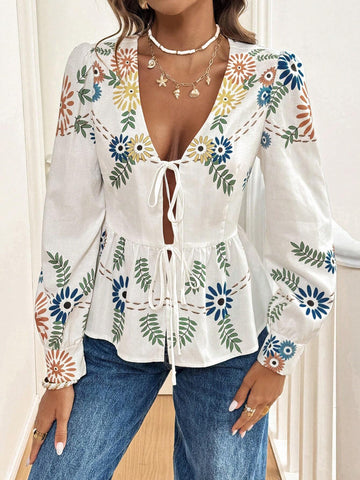 Frenchy Women's Printed Tie-Knot Blouse Shirt,Floral Print Basic V-Neck Tie-Waist Bow Tie White Blouse