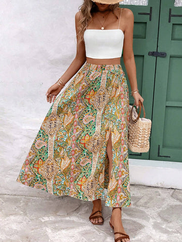 Women's Pure Color Cropped Camisole Top And Cashew Flower Print Split Skirt Set For Vacation Style Floral Maxi Skirt Two Piece Short Set Boho Women Clothing Beach Women Dresses Summer Sets