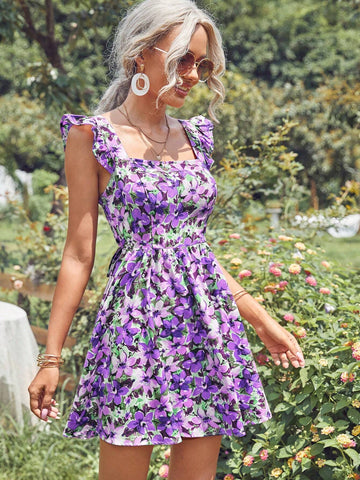 Women's Random Printed Square Neck Woven Dress