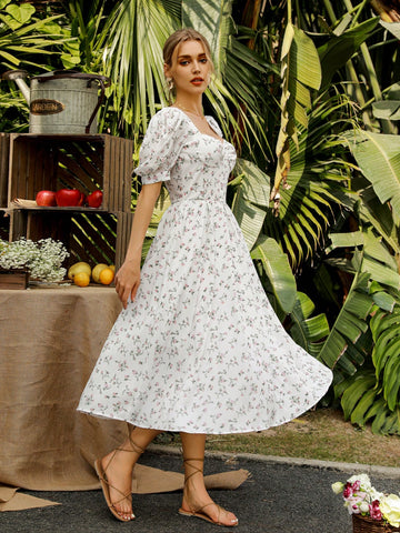 Women's Random Printed Sweetheart Neckline Puff Sleeve Dress