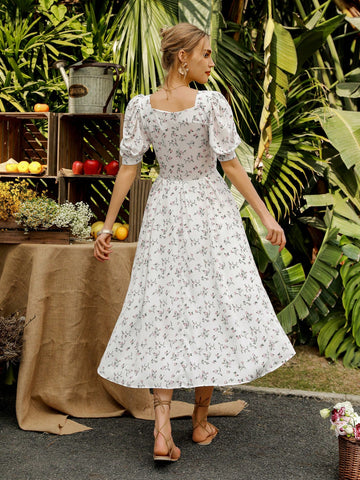 Women's Random Printed Sweetheart Neckline Puff Sleeve Dress