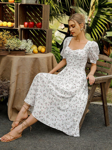 Women's Random Printed Sweetheart Neckline Puff Sleeve Dress