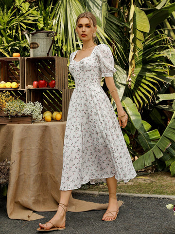 Women's Random Printed Sweetheart Neckline Puff Sleeve Dress