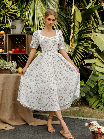 Women's Random Printed Sweetheart Neckline Puff Sleeve Dress