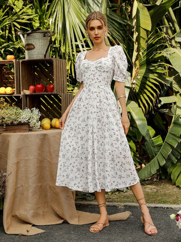 Women's Random Printed Sweetheart Neckline Puff Sleeve Dress