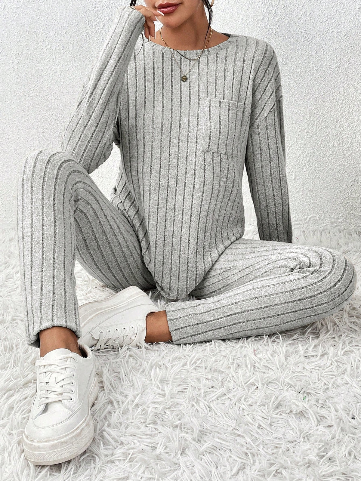 Ladies Solid Color Ribbed Two Piece Set