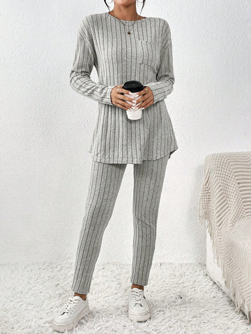 Ladies Solid Color Ribbed Two Piece Set