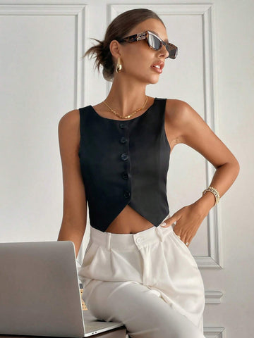 Frenchy Women's Round Neck Front Button Asymmetrical Hem Sleeveless Blouse
