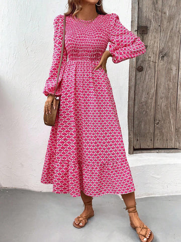 Women's Round Neck Long Sleeve All-Over Floral Print Fashion Ruffle Hem Dress