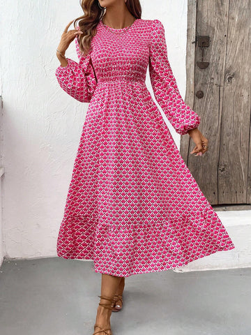Women's Round Neck Long Sleeve All-Over Floral Print Fashion Ruffle Hem Dress