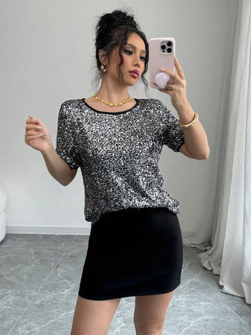 Frenchy Women's Round Neck Short Sleeve Sequin Loose Blouse