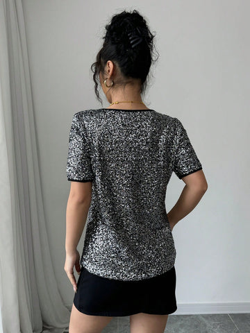 Frenchy Women's Round Neck Short Sleeve Sequin Loose Blouse