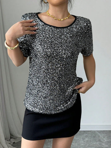 Frenchy Women's Round Neck Short Sleeve Sequin Loose Blouse