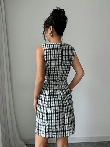 Women's Round Neck Sleeveless Plaid Bow Decor Side Elegant Short Casual Dress