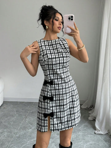 Women's Round Neck Sleeveless Plaid Bow Decor Side Elegant Short Casual Dress