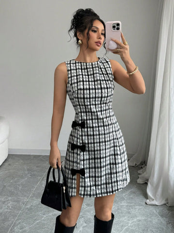 Women's Round Neck Sleeveless Plaid Bow Decor Side Elegant Short Casual Dress
