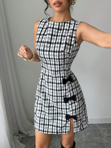 Women's Round Neck Sleeveless Plaid Bow Decor Side Elegant Short Casual Dress