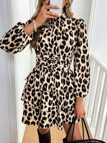 Women's Ruched Collar Leopard Print Lantern Sleeve Ruched Waist Stylish Short Dress