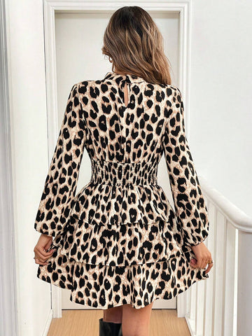 Women's Ruched Collar Leopard Print Lantern Sleeve Ruched Waist Stylish Short Dress