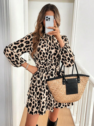 Women's Ruched Collar Leopard Print Lantern Sleeve Ruched Waist Stylish Short Dress