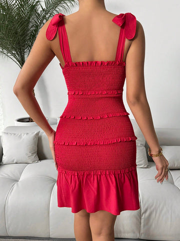 Frenchy Women's Shirred Tie Knot Shoulder Bodycon Dress