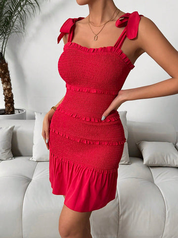 Frenchy Women's Shirred Tie Knot Shoulder Bodycon Dress