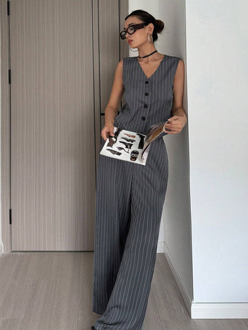 Women's Single-Breasted Striped V-Neck Vest And Wide-Leg Loose Trousers 2-Piece Set Commuting Elegant Trousers And Vest Suit Fall Women Clothes Black Two Piece Set