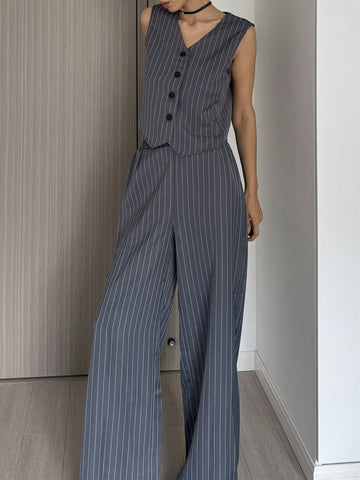 Women's Single-Breasted Striped V-Neck Vest And Wide-Leg Loose Trousers 2-Piece Set Commuting Elegant Trousers And Vest Suit Fall Women Clothes Black Two Piece Set