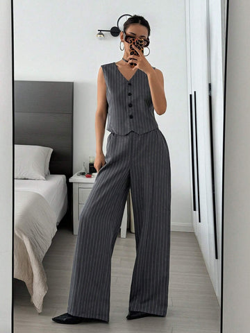 Women's Single-Breasted Striped V-Neck Vest And Wide-Leg Loose Trousers 2-Piece Set Commuting Elegant Trousers And Vest Suit Fall Women Clothes Black Two Piece Set