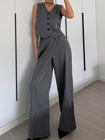Women's Single-Breasted Striped V-Neck Vest And Wide-Leg Loose Trousers 2-Piece Set Commuting Elegant Trousers And Vest Suit Fall Women Clothes Black Two Piece Set